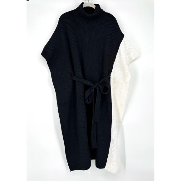 Anthropologie Maeve Colorblock Poncho Sweater OSFM Black White Turtleneck Knit - Picture 3 of 12